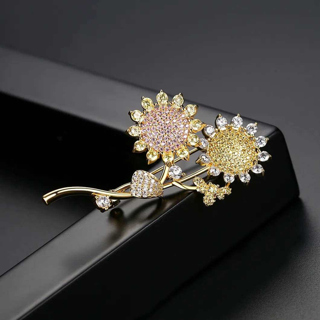 Elegant Jewelry Accessories Sun Flower Gold Plated Colorful CZ Brooch