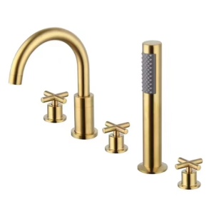 European Classic Deck Mount 5 Hole Antique Faucet Brass Golden Bathtub torneiras com chuveiro spray