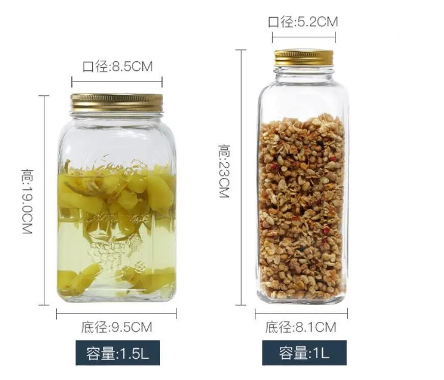 Hot Sell 2019 New Design Glass Square Shape Mason Jars with Seal Metal Cap, 300 500 1000 1500ml Storage Jar.