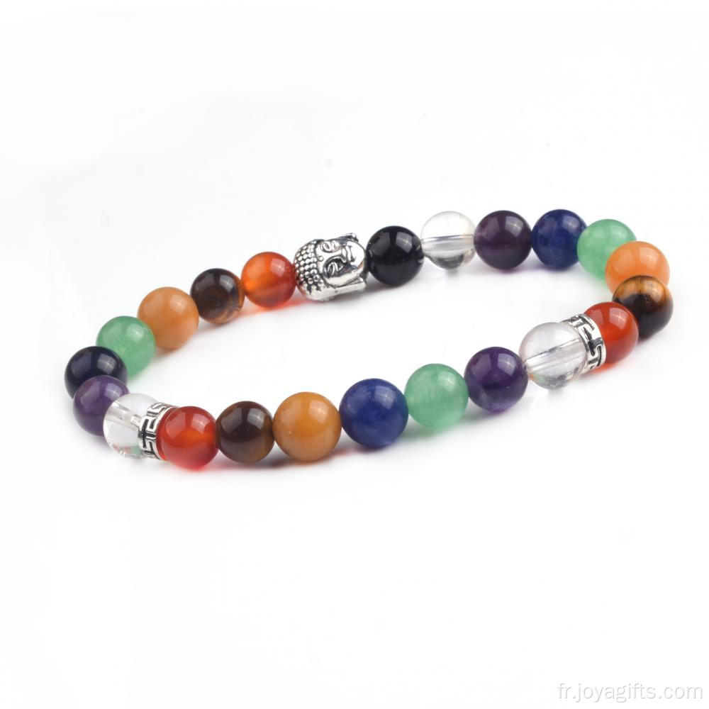 7 chakra 8MM pierres Bracelet argenté tête de Bouddha Bracelets bijoux