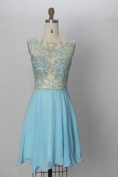 A-line Beading Short Chiffon Prom Dresses 2014 Fancy Chiffon Evening Dresses