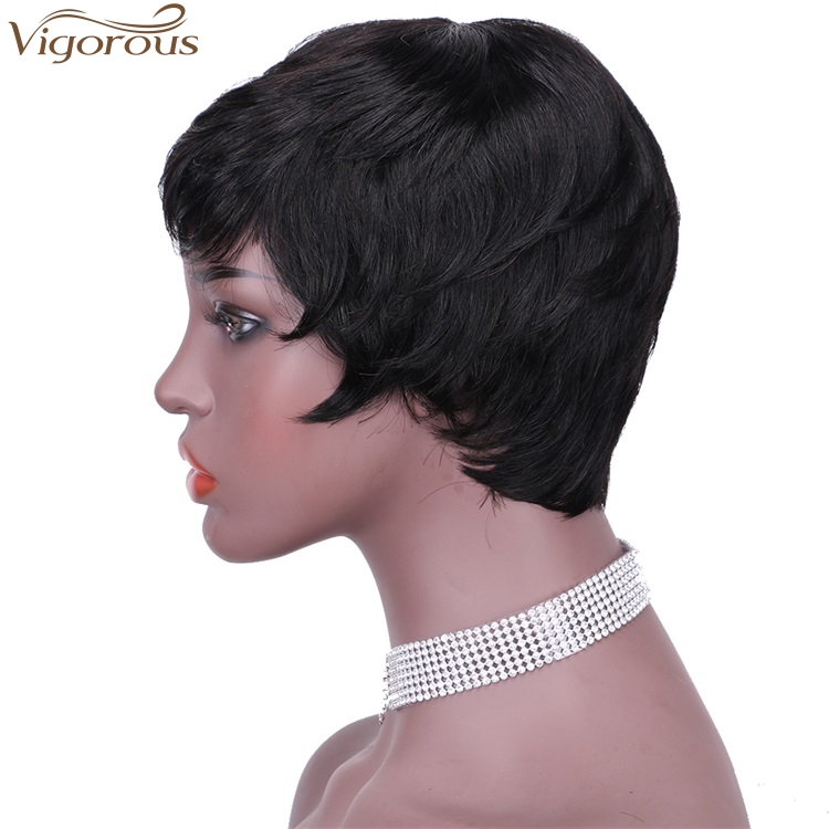 Vigorous Women Human Hair Wig Bob Hair Cut Pixie Side Part Black Fluffy  Human hair Wig Daily Use For Women