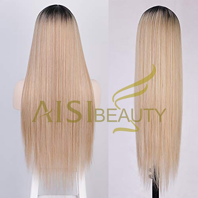 Aisi Beauty Vendor Cheap Party 26 Inch Long Straight Ombre Blonde Wig Swiss Lace Synthetic Hair For Black Women Lace Front Wig