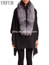 YR538A Fox Collar and Wool Poncho Women Fox Fur Cashmere & Wool Wrap