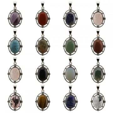 Gemstone Cabs Oval Shape Pendant Natural Stone Amethyst Tiger Eye Oval Alloy Pendants Healing Cab Charm Pendant for DIY Jewelry