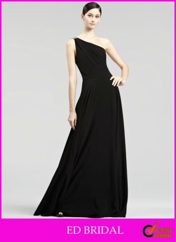 A-Line/Princess One Shoulder Sweep Train Black Elegant Chiffon Evening Dresses Long