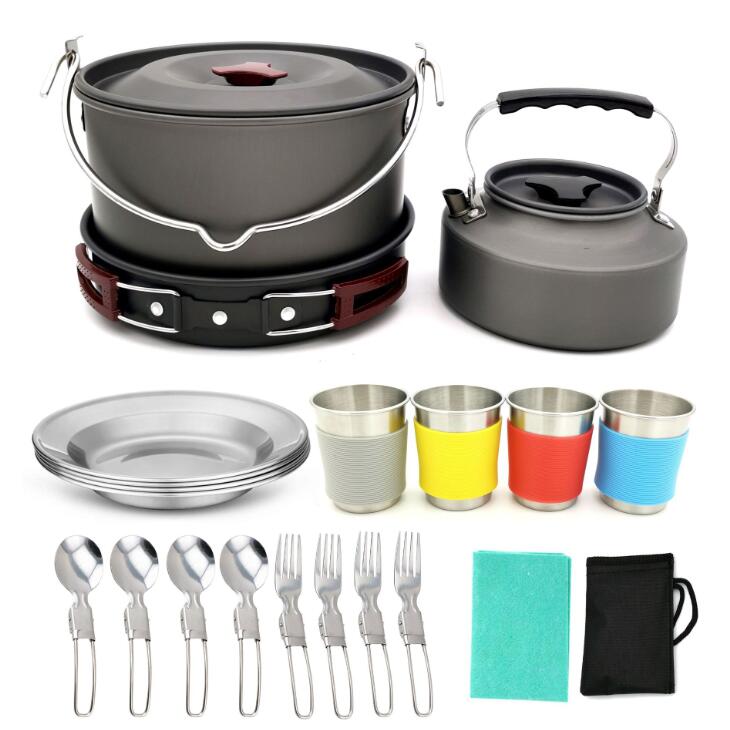 22pcs Camping Cookware Mess Kit, Outdoor Cookware Set Large Size Hanging Pot Pan Kettle with Base Cook Set for 4