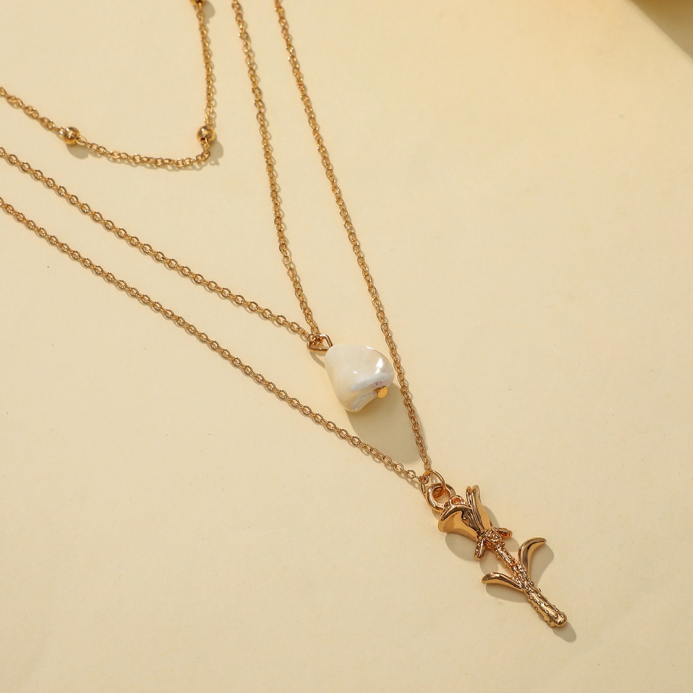 Fashion simple irregular pearl metal rose pendant necklace minimalist jewelry multi layer necklace