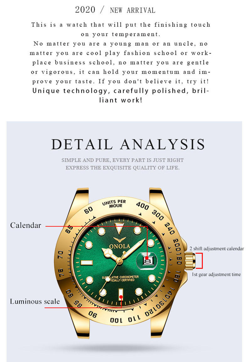 ONOLA 3814 Retro Watch Men Watches Luxury Gold Business Wristwatches Stainless Steel Relogio Masculino