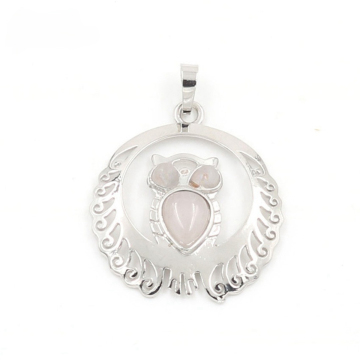 Rose Quartz Waterdrop Cabs Silver Owl Pendant