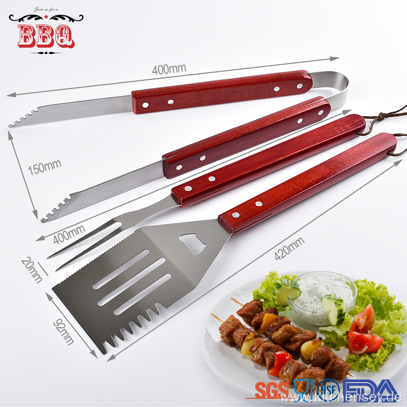 3 pcs set wooden handle bbq utensils