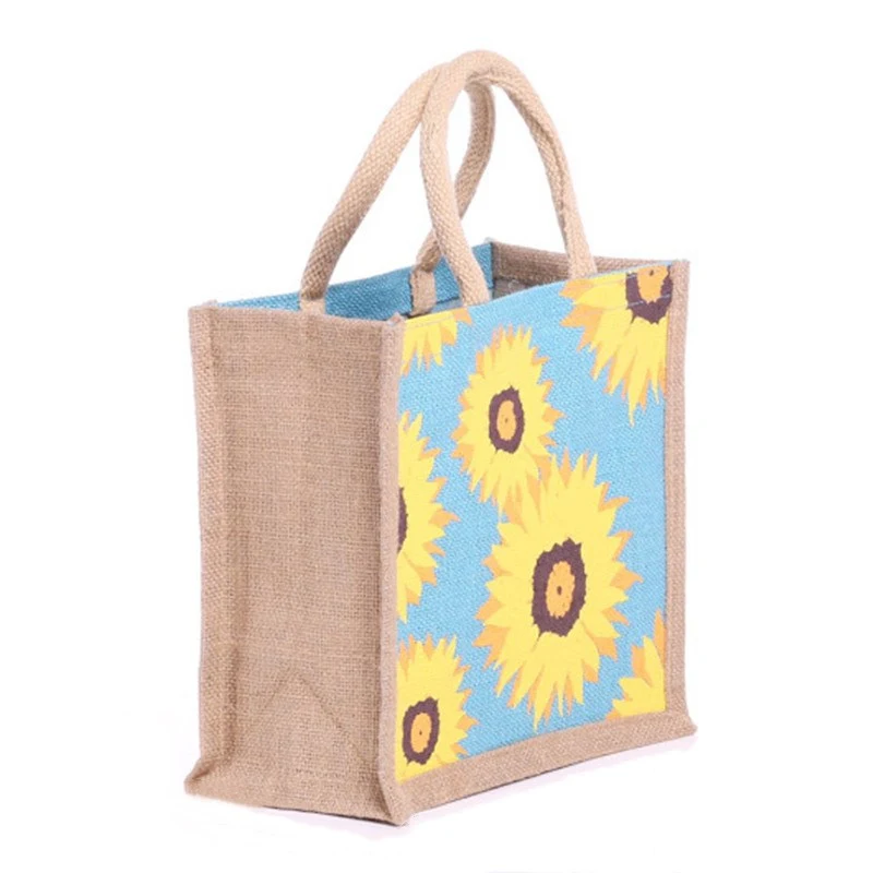 2020 Customize Logo Eco-Friendly Full Flower Printing Hemp Handle Jute Tote Shopping Bag for Grocery
