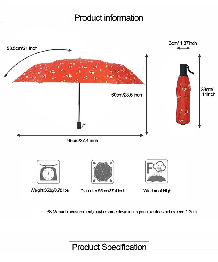 Flower Full Printing China Portable Small Umbrella Ladies Umbrella 3 Fold Umbrella