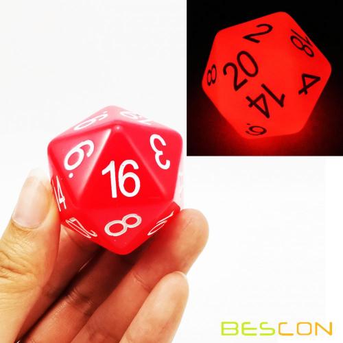 Bescon Jumbo Glowing D20 38MM, большой размер, 20 сторон, красный кубик, светящийся в темноте, большой 20 граней, куб 1,5 дюйма