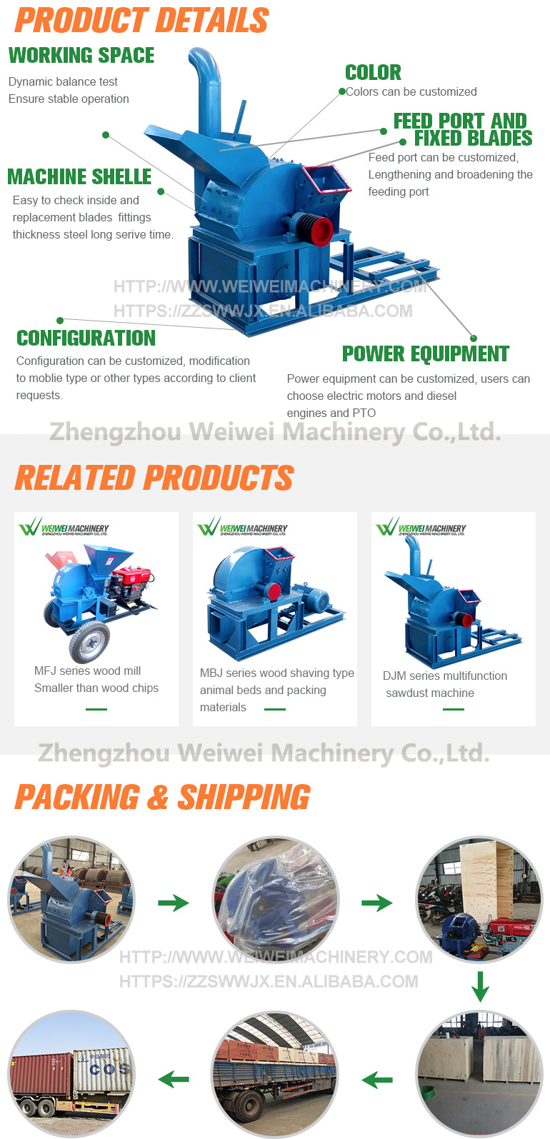 WEIWEI machinery low price sawdust and animal feed pellet machine coconut shell chipping wood chipper log splitter