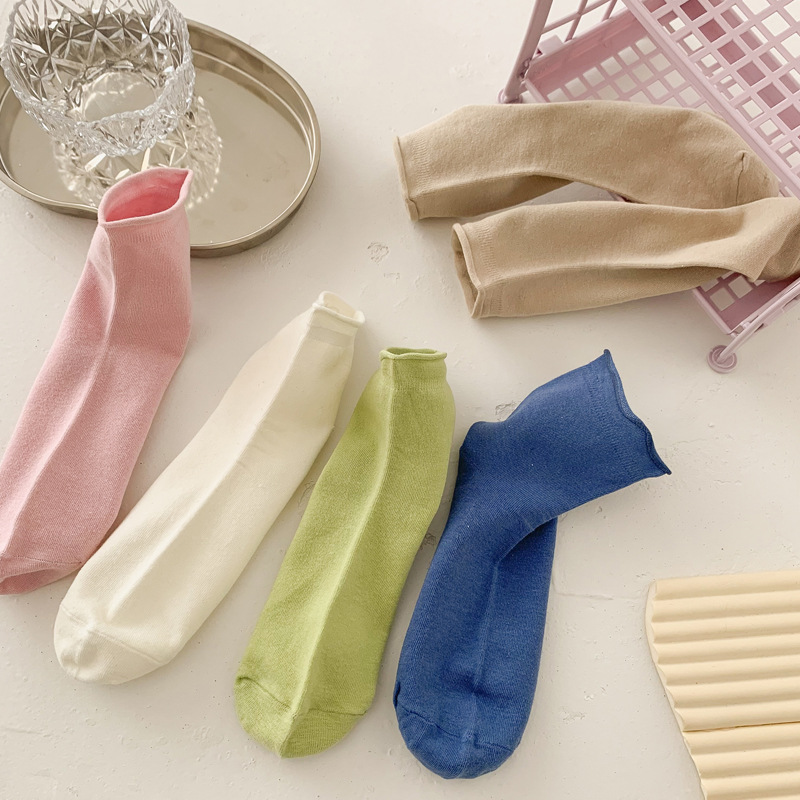 Candy Colored Rolled Edge Cotton Socks