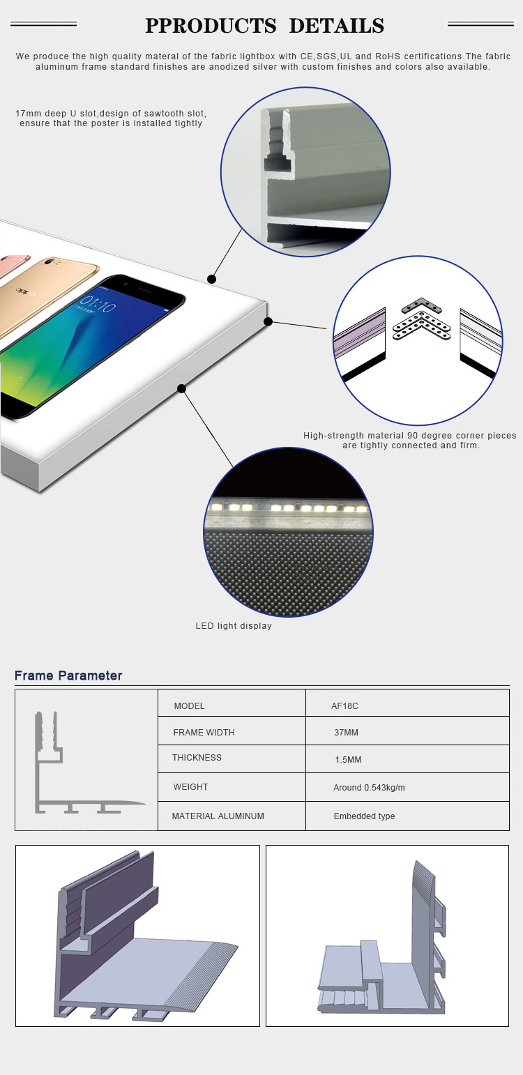 Edgelight AF18C Lightbox Frameless Aluminum Frame Led Fabric 37mm Thickness with CE Rohs