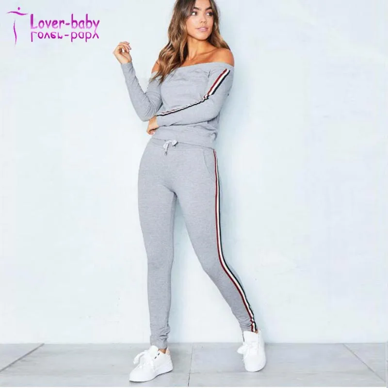 Lorren Black off Shoulder Striped Jumper Loungewear Set