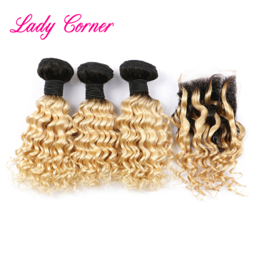 Colored Brazilian human hair weave bundles,Deep wave  omber 613 blonde hair weave with closure