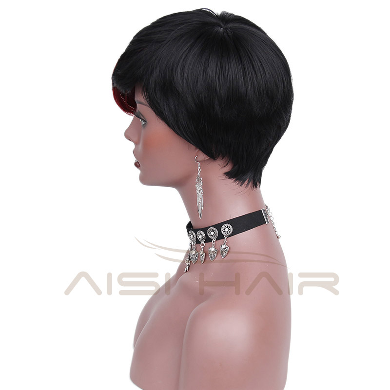 Aisi Hair Heat Resistant Pixie Cut Wigs Synthetic Short Straight Hair With Ombre Red Bangs Wigs For Women