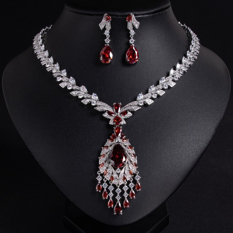 Regal Teardrop Tassel Bridal CZ Jewelry Set
