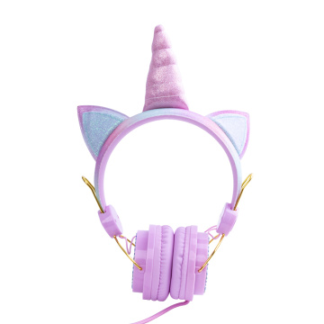 Foldable On-Ear Wired Headset Unicorn Diamond Kids Headphones with LED Cat Ears Microphone