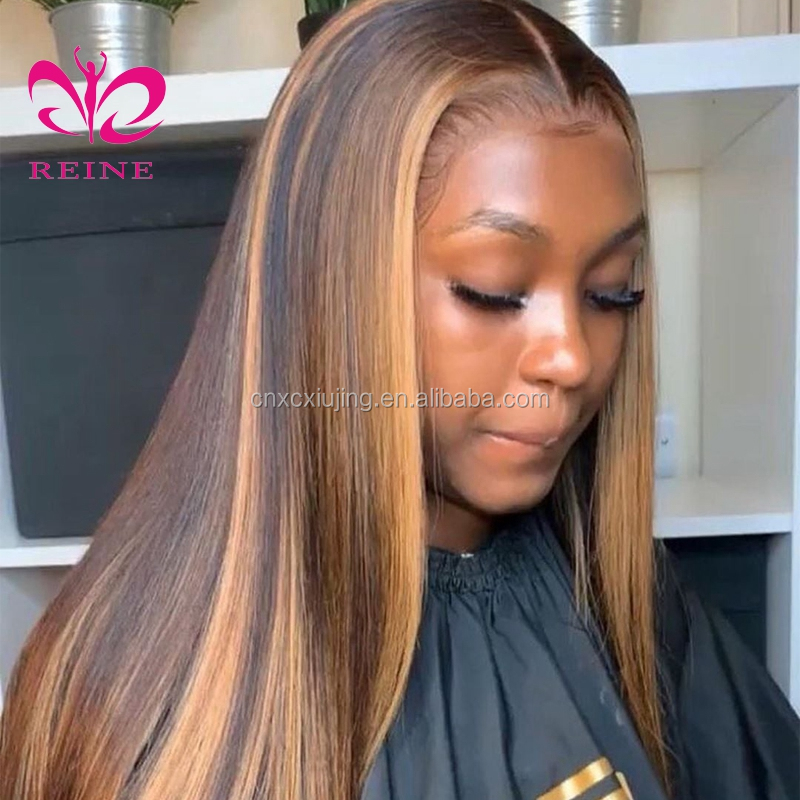 REINE  4/27 1B/27 Highlight Wig 4*4 Straight Lace Closure  Human Hair Wig Pre Plucked Ombre Piano Color