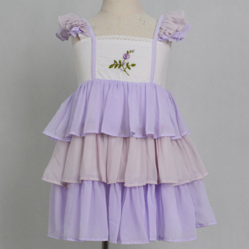 Boutique Purple bordado Chiffon Ruffle Girl Dress