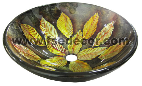 Hand Carved Yellow Leaf Patterns Bathroom Tempered Glass Sink (FSE-GS-PL094)