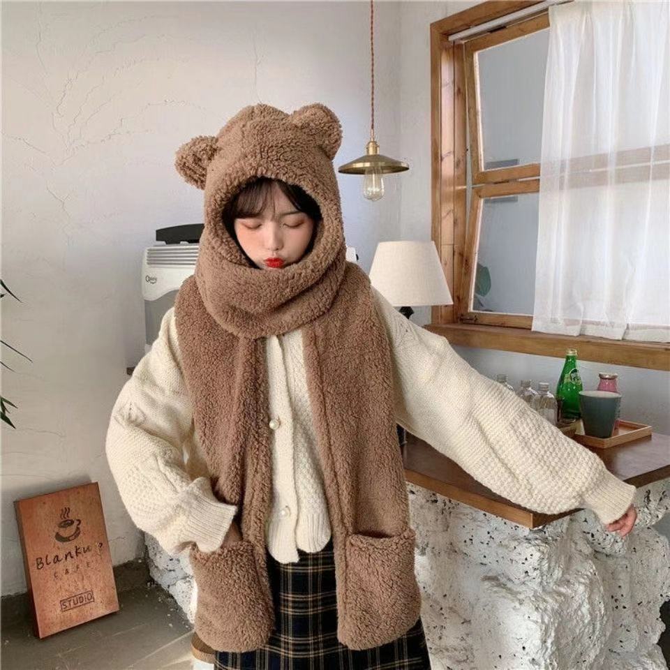 Bear Hat Winter All-matching Korean Cute Plush Scarf One-piece Hat Three-piece Suit