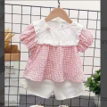 Round Neck Short Sleeves Checked Baby Girl Set