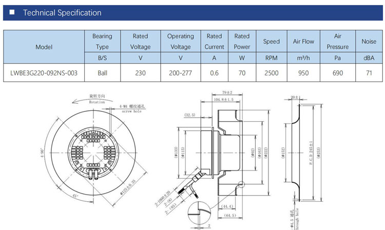 220mm EC 115V 230V high pressure EC centrifugal fan blades