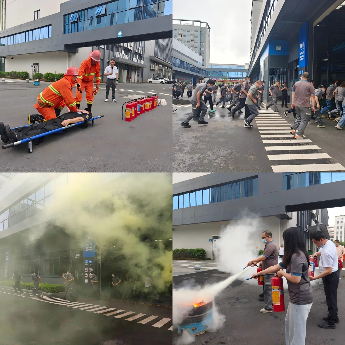 Professionelle Ausbilder demonstrieren den Umgang mit Feuerlöschern bei T-ONE