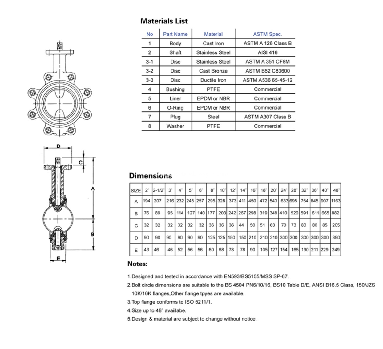 Drawing of lug type butterfly valve