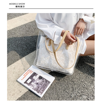 Beg Tote PVC Clear Tote beg bunga bordir