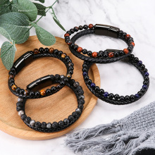 Customizable Men's Leather Agate Bracelet with Hot Selling Volcano Tiger Eyes Beads and Natural Stones