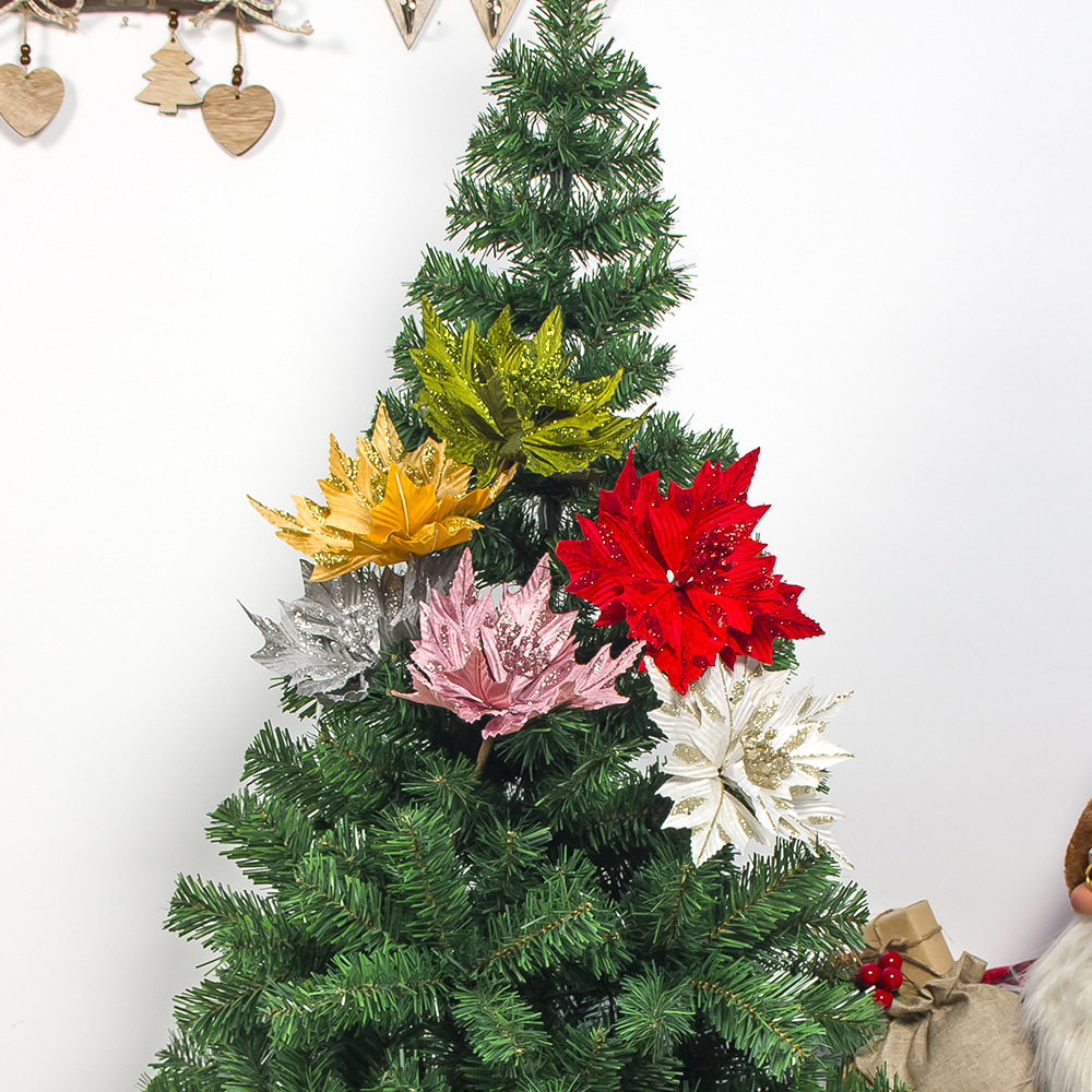 Artificial Christmas Flowers Glitter Flowers Merry Christmas Tree Decoration Home DIY Xmas Gifts Ornament Navidad 2021