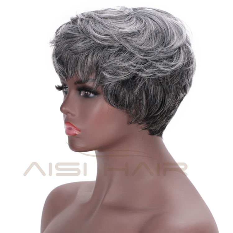 Aisi Hair Synthetic Ombre Grey Hair Bob Style Short Wigs for Women Black Cosplay Short Wigs with Neat Bangs