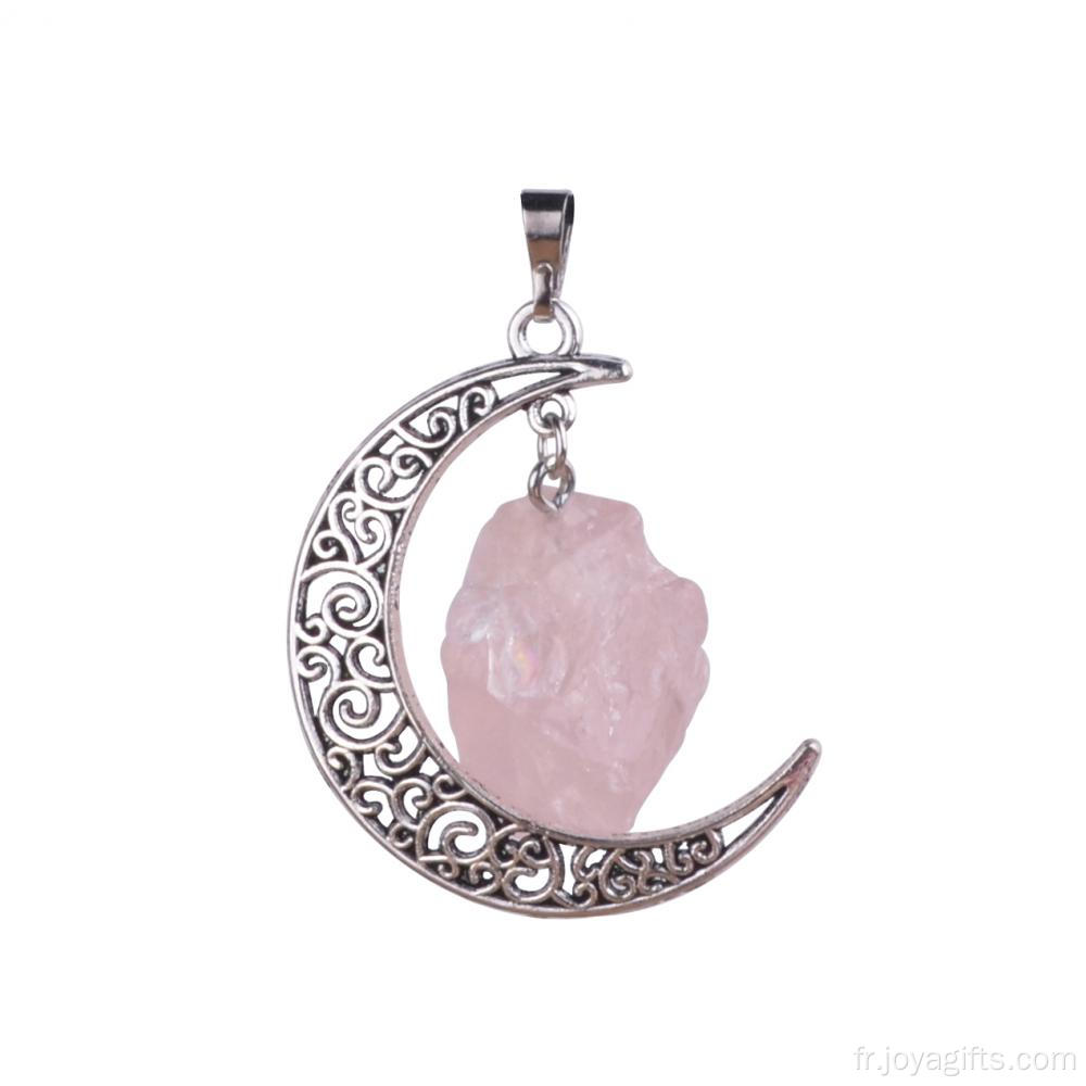 Pierres précieuses naturelles collier de pendentifs bruts de quartz rose en gros