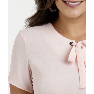 Solid Bowknot Eyelet på kragen Tops T-Shirt