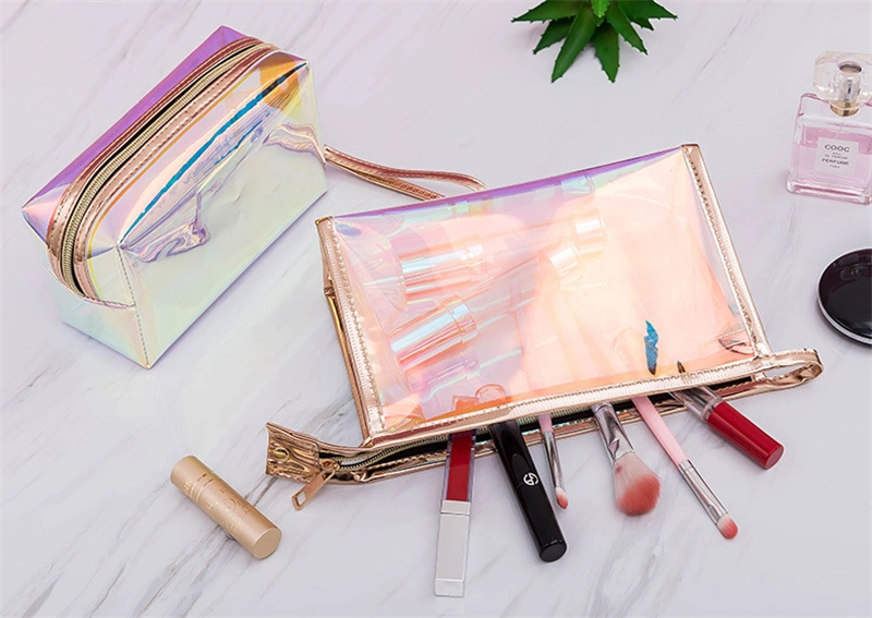 Low MOQ 100PCS Custom Logo New Fashion Transparent Laser Cosmetic Pouch Luxury Print Clear Holographic Makeup Bag