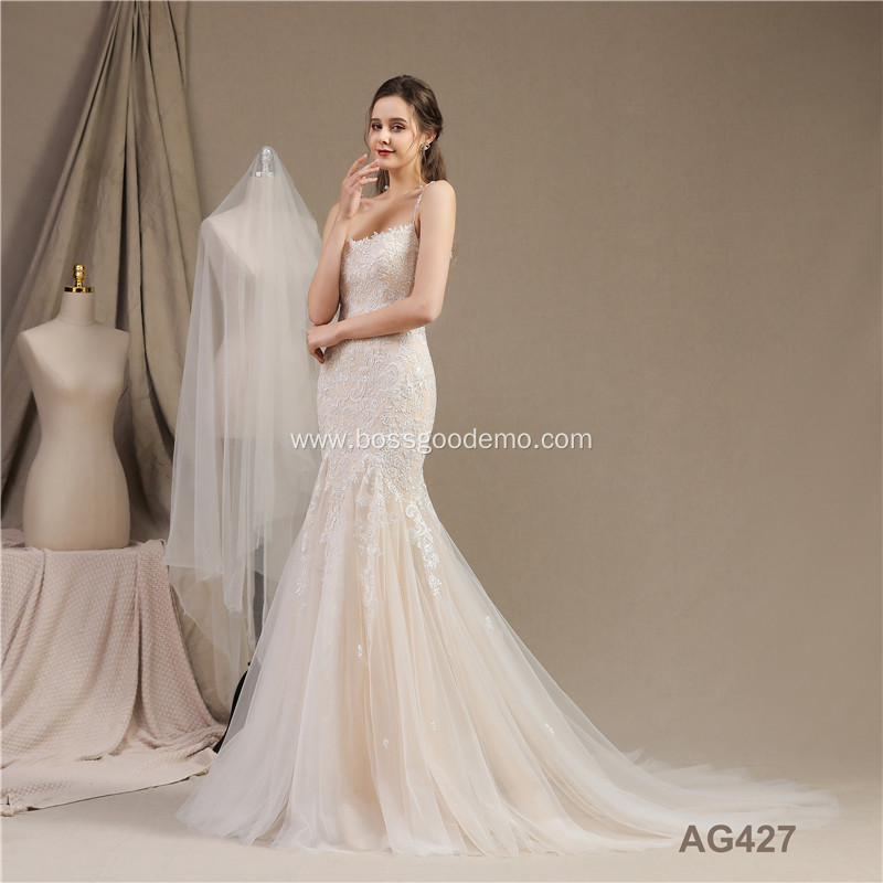 Latest Simple Lace Mermaid Sleeveless wedding dress bridal gowns lace with Train