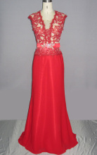 Red Lace Illusion V Neck Evening Dress