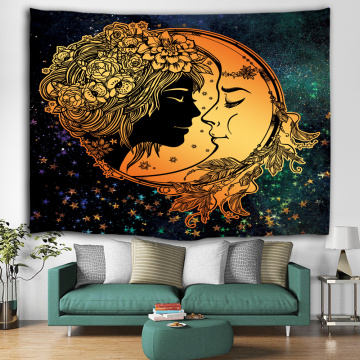 Moon and Sun Tapestry Wall Hanging Bohemian Mandala Indian Hippie Galaxy Yellow Wall Tapestry for Livingroom Slaapkamer Dorm Home D