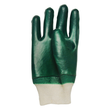 PVC bañado verde resistente al aceite guantes de punto de poca muñeca