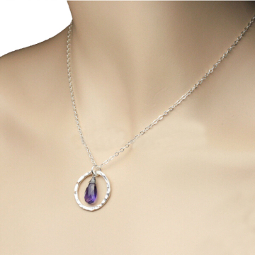 Customizable Raw Quartz Teardrop Necklace with Sterling Silver Hammered Circle Pendant