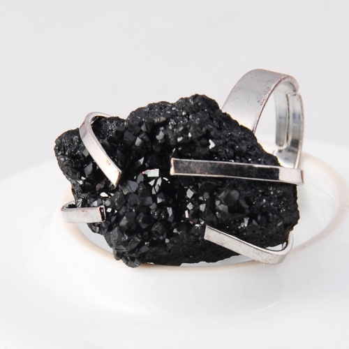 Natural Black Drusy Crystal Gemstone Women Rings