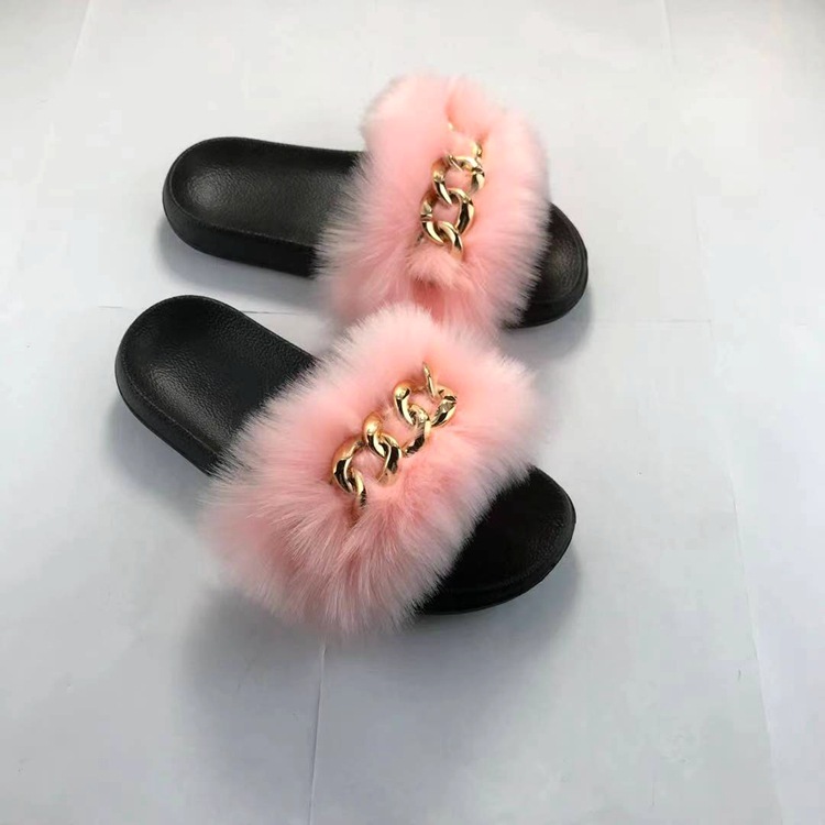 Manufacturers wholesale Artificial fox hair chain unisex EVA furry slides,fluffy slippers for women