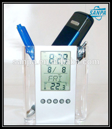 Plastic Electronic Pen Holder With Digital Clock