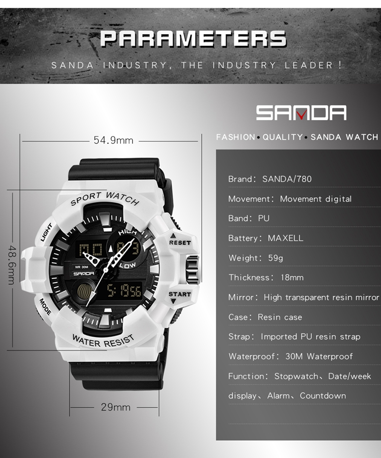 SANDA 780 High quality sports watch men shockproof design waterproof automatic watch digital